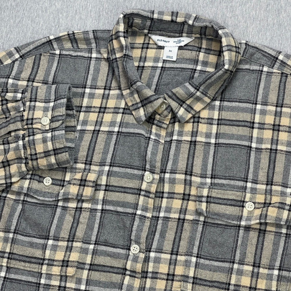 Old Navy Button Down Shirt Mens 3X Boyfriend Grey Plaid Cotton Flannel EUC